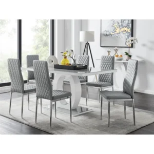 Scottsmoor Modern High Gloss Halo 6 Seater Dining Table Set with Luxury Faux Leather Dining Chairs