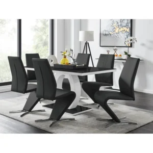 Scottsmoor Modern High Gloss Halo 6 Seater Dining Table Set with Luxury Faux Leather Dining Chairs